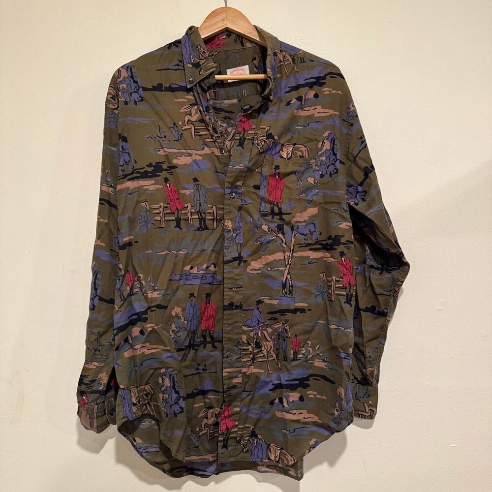 Brooks Brothers Olive Cotton Fox-Hunt Print Sport Shirt Long Sleeve Size Large